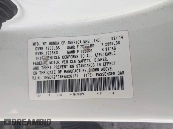 2015 Honda Accord Sedan LX with VIN 1HGCR2F36FA026171, listed as a IAAI auction lot 41845465 with 96,370 mi miles. Bid and sale history available at carsss.com. Image 9.