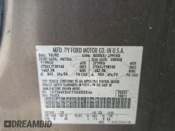 2003 Ford Super Duty F-250 XL with VIN 1FTNW20F73EB02536, listed as a Copart auction lot 77330394 with 170,102 mi miles and Salvage Title. Bid and sale history available at carsss.com. Image 14.