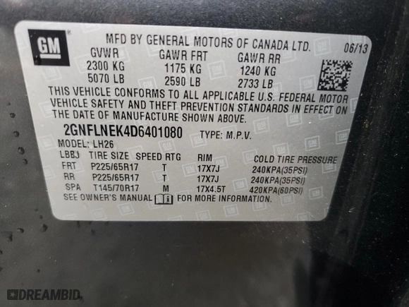 2013 Chevrolet Equinox LT with VIN 2GNFLNEK4D6401080, listed as a Copart auction lot 81464744 with 144,740 mi miles and Clean Title. Bid and sale history available at carsss.com. Image 12.