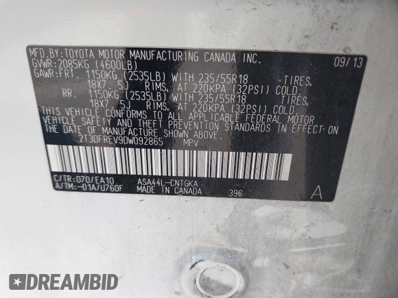 2013 Toyota RAV4 Limited с VIN 2T3DFREV9DW092865, выставлен на аукционе IAAI как лот 42465953 с пробегом 153 768 миль миль и . История ставок и продаж доступна на DreamBid. Изображение 9.
