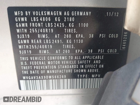 2013 Volkswagen Tiguan S with VIN WVGAV3AX9DW566269, listed as a IAAI auction lot 42728301 with 159,903 mi miles and . Bid and sale history available at DreamBid. Image 9.