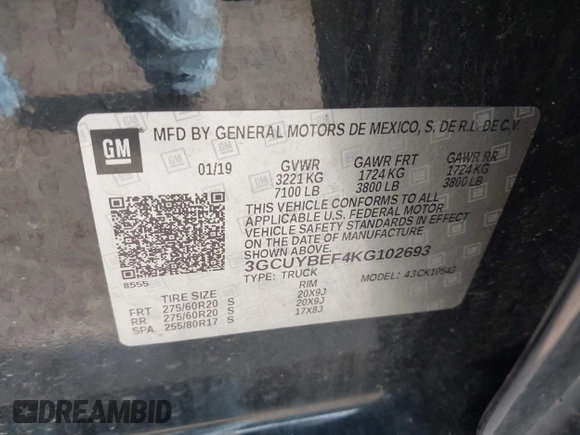 2019 Chevrolet Silverado 1500 Custom with VIN 3GCUYBEF4KG102693, listed as a IAAI auction lot 41683760 with 77,379 mi miles and . Bid and sale history available at DreamBid. Image 9.