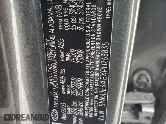 2023 Hyundai Tucson Limited with VIN 5NMJE3AEXPH263835, listed as a Copart auction lot 54133965 with 25,661 mi miles and Salvage title. Bid and sale history available at DreamBid. Image 13.
