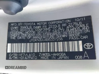 2011 Toyota Prius I with VIN JTDKN3DU4B5337236, listed as a IAAI auction lot 41593875 with Not Provided miles and . Bid and sale history available at DreamBid. Image 9.