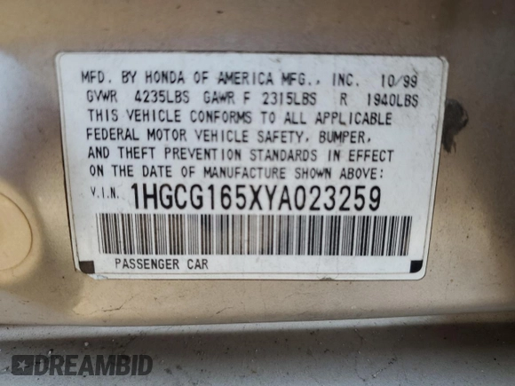 2000 Honda Accord EX с VIN 1HGCG165XYA023259, выставлен на аукционе Copart как лот 48808325 с пробегом Не указан миль и На запчасти • Non repairable. История ставок и продаж доступна на DreamBid. Изображение 14.