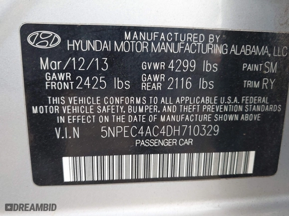 2013 Hyundai Sonata SE with VIN 5NPEC4AC4DH710329, listed as a IAAI auction lot 41849429 with 104,607 mi miles. Bid and sale history available at carsss.com. Image 9.