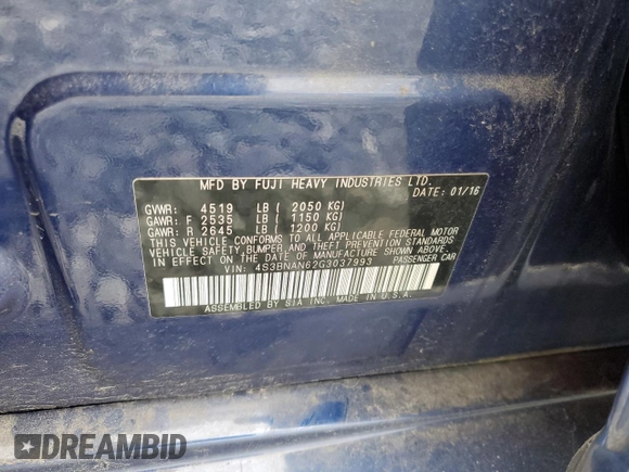 2016 Subaru Legacy Limited with VIN 4S3BNAN62G3037993, listed as a Copart auction lot 60996225 with 103,083 mi miles and Salvage title. Bid and sale history available at DreamBid. Image 12.