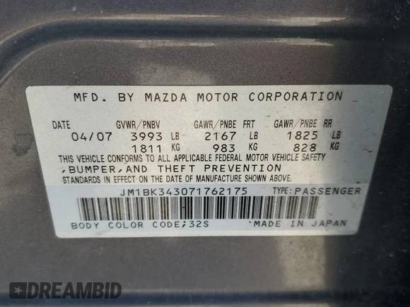 2007 Mazda 3 S Touring z VIN JM1BK343071762175, wystawiony jako Copart lot #88853515 z przebiegiem 110 160 mil mil oraz Szkoda całkowita • Salvage title. Historia ofert i sprzedaży dostępna na DreamBid. Obrazek 12.