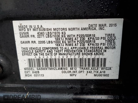 2015 Mitsubishi Outlander Sport 2.4 ES with VIN 4A4AR3AW0FE027721, listed as a Copart auction lot 43956545 with 123,969 mi miles and Clean Title. Bid and sale history available at carsss.com. Image 13.