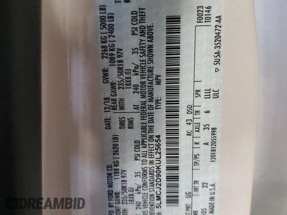 2019 Lincoln MKC Select with VIN 5LMCJ2D90KUL25654, listed as a Copart auction lot 56461185 with 56,296 mi miles and Salvage title. Bid and sale history available at DreamBid. Image 13.