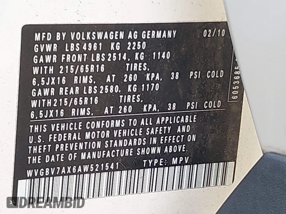 2010 Volkswagen Tiguan SEL with VIN WVGBV7AX6AW521541, listed as a IAAI auction lot 41936952 with 124,499 mi miles and . Bid and sale history available at DreamBid. Image 9.