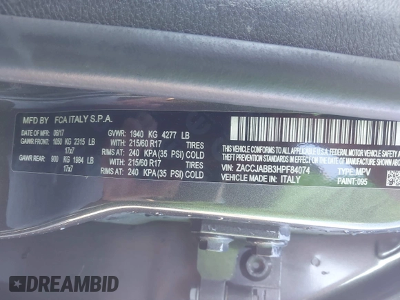 2017 Jeep Renegade Latitude with VIN ZACCJABB3HPF84074, listed as a IAAI auction lot 41867396 with 65,323 mi miles. Bid and sale history available at carsss.com. Image 9.