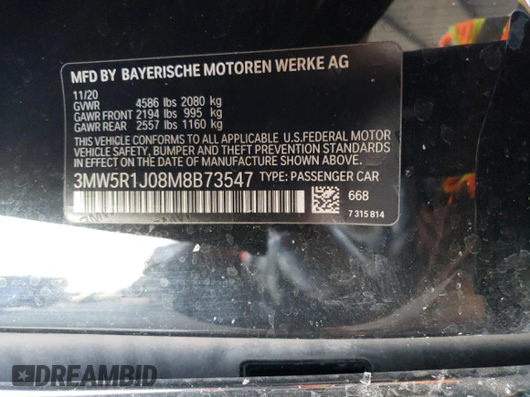 2021 BMW 3 Series 330i with VIN 3MW5R1J08M8B73547, listed as a Copart auction lot 58420085 with Not provided miles and Salvage title. Bid and sale history available at DreamBid. Image 12.