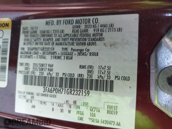 2016 Ford Fusion SE with VIN 3FA6P0H71GR232159, listed as a IAAI auction lot 42472435 with 138,096 mi miles and . Bid and sale history available at DreamBid. Image 9.