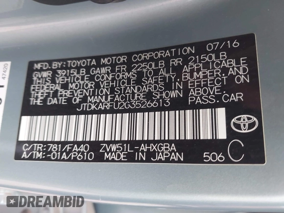 2016 Toyota Prius Four with VIN JTDKARFU2G3526613, listed as a IAAI auction lot 41742117 with 162,214 mi miles. Bid and sale history available at carsss.com. Image 9.