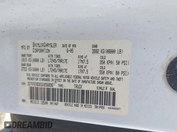 2005 Dodge 2500 ST with VIN 3D7KR28D65G856896, listed as a IAAI auction lot 40535137 with 280,839 mi miles and . Bid and sale history available at DreamBid. Image 9.