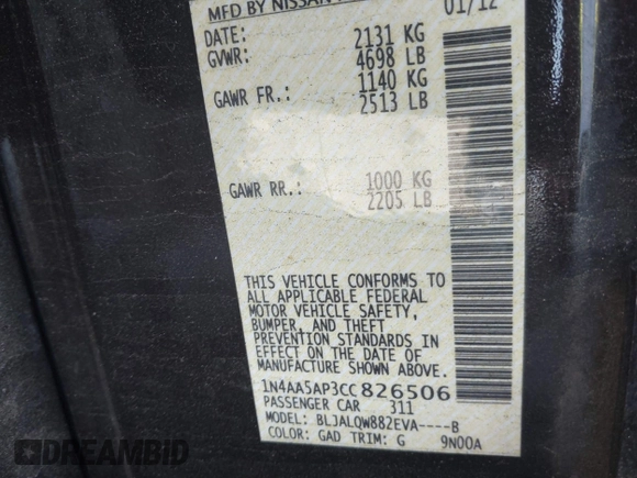 2012 Nissan Maxima SV с VIN 1N4AA5AP3CC826506, выставлен на аукционе IAAI как лот 41093387 с пробегом 231 964 миль миль и . История ставок и продаж доступна на DreamBid. Изображение 9.