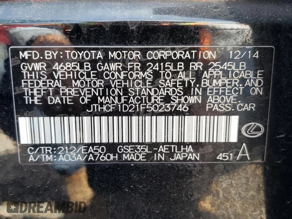 2015 Lexus IS 250 with VIN JTHCF1D21F5023746, listed as a Copart auction lot 54136965 with 74,157 mi miles and Salvage title. Bid and sale history available at DreamBid. Image 12.