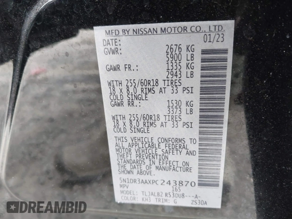 2023 Nissan Pathfinder S with VIN 5N1DR3AAXPC243870, listed as a IAAI auction lot 41720397 with 40,399 mi miles and . Bid and sale history available at DreamBid. Image 9.