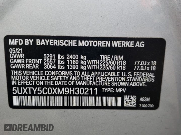 2021 BMW X3 xDrive30i with VIN 5UXTY5C0XM9H30211, listed as a Copart auction lot 41452455 with 42,884 mi miles and Non Repairable. Bid and sale history available at DreamBid. Image 13.