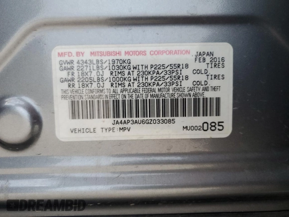 2016 Mitsubishi Outlander ES with VIN JA4AP3AU6GZ033085, listed as a Copart auction lot 49002845 with 74,475 mi miles and Salvage title. Bid and sale history available at DreamBid. Image 16.