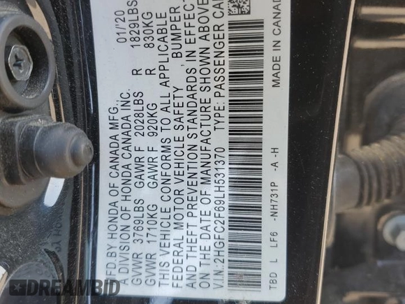 2020 Honda Civic LX z VIN 2HGFC2F69LH531370, wystawiony jako Copart lot #55076335 z przebiegiem 140 163 mil mil oraz Szkoda całkowita • Salvage title. Historia ofert i sprzedaży dostępna na DreamBid. Obrazek 12.