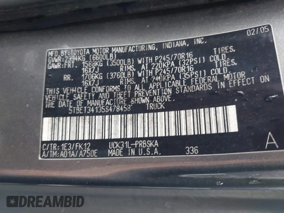 2005 Toyota Tundra SR5 with VIN 5TBET34135S478458, listed as a IAAI auction lot 41844226 with 278,170 mi miles and . Bid and sale history available at DreamBid. Image 9.