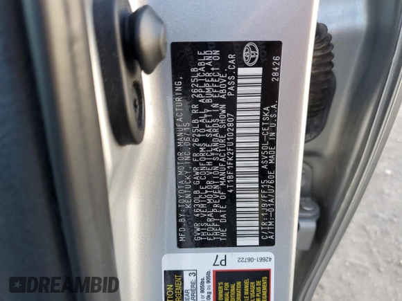 2015 Toyota Camry XLE with VIN 4T1BF1FK2FU102807, listed as a Copart auction lot 48798535 with 116,974 mi miles and Salvage Title. Bid and sale history available at DreamBid. Image 14.