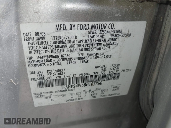 2008 Ford Taurus SEL with VIN 1FAHP24W68G187360, listed as a IAAI auction lot 42578106 with 252,245 mi miles and . Bid and sale history available at DreamBid. Image 9.