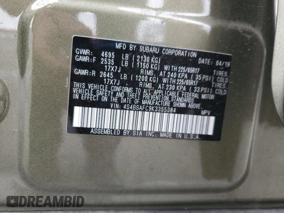 2019 Subaru Outback Premium with VIN 4S4BSAFC9K3355384, listed as a Copart auction lot 59056395 with 42,449 mi miles and Salvage title. Bid and sale history available at DreamBid. Image 13.
