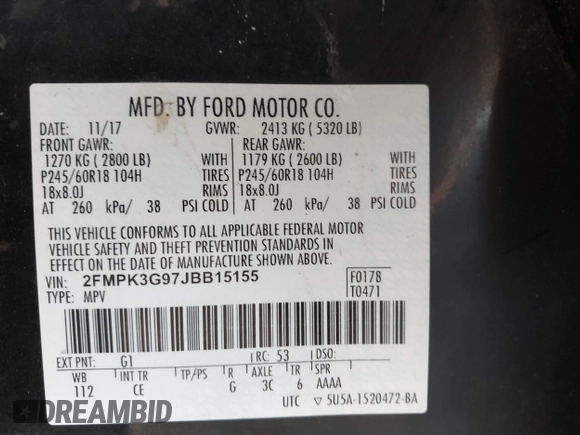 2018 Ford Edge SE with VIN 2FMPK3G97JBB15155, listed as a IAAI auction lot 41434886 with 72,579 mi miles and . Bid and sale history available at DreamBid. Image 9.
