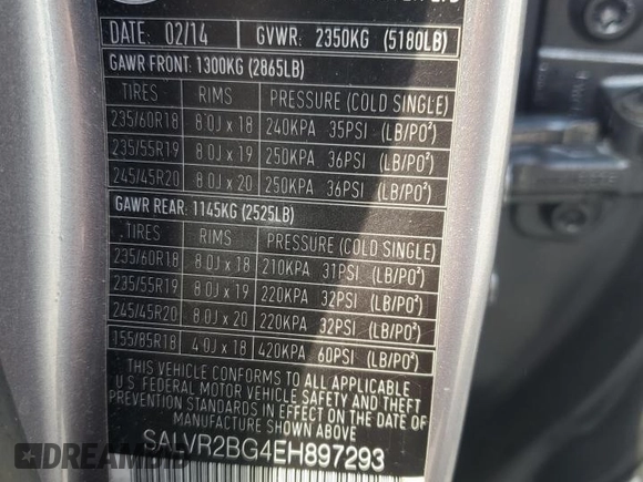 2014 Land Rover Range Rover Evoque Pure Premium with VIN SALVR2BG4EH897293, listed as a Copart auction lot 54254265 with 137,938 mi miles and Salvage title. Bid and sale history available at DreamBid. Image 13.
