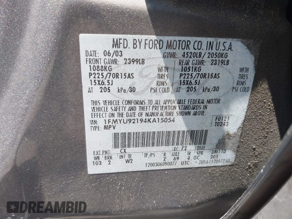 2004 Ford Escape XLS with VIN 1FMYU92194KA15054, listed as a IAAI auction lot 42772942 with 157,270 mi miles and . Bid and sale history available at DreamBid. Image 9.