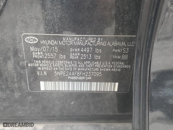 2015 Hyundai Sonata 2.4L SE with VIN 5NPE24AF6FH237095, listed as a Copart auction lot 51345375 with 71,781 mi miles and Salvage Title. Bid and sale history available at carsss.com. Image 12.