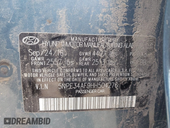 2017 Hyundai Sonata Sport with VIN 5NPE34AF9HH504276, listed as a IAAI auction lot 42222535 with 127,362 mi miles and . Bid and sale history available at DreamBid. Image 9.