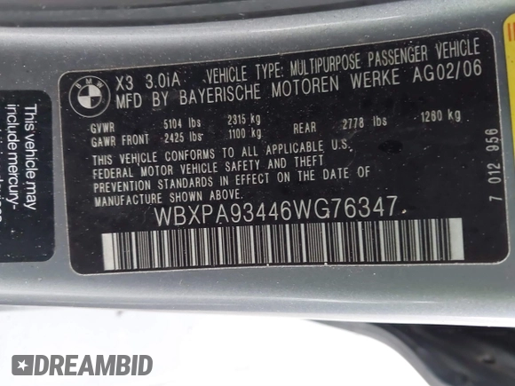 2006 BMW X3 3.0i with VIN WBXPA93446WG76347, listed as a IAAI auction lot 41649511 with 137,316 mi miles and . Bid and sale history available at DreamBid. Image 9.