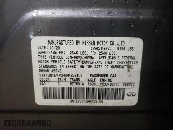 2021 Infiniti Q50 3.0t SIGNATURE EDITION with VIN JN1EV7CR8MM752105, listed as a Copart auction lot 87200854 with 31,779 mi miles and Salvage Title. Bid and sale history available at carsss.com. Image 12.