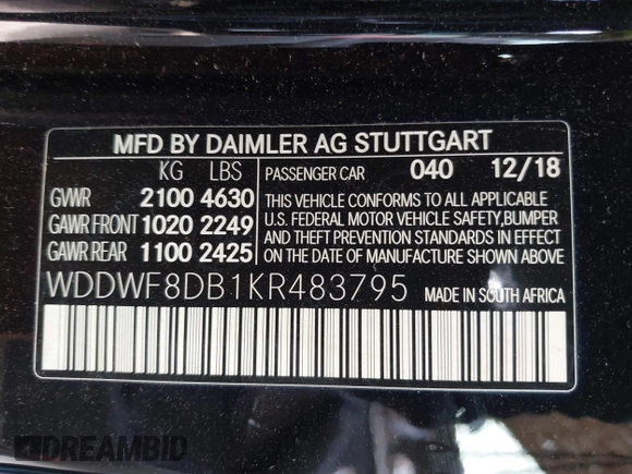 2019 Mercedes-Benz C 300 with VIN WDDWF8DB1KR483795, listed as a IAAI auction lot 41679728 with 138,307 mi miles and . Bid and sale history available at DreamBid. Image 9.
