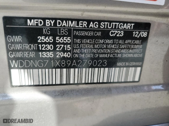 2009 Mercedes-Benz S-Class 5.5L V8 with VIN WDDNG71X89A279023, listed as a Copart auction lot 51844735 with 121,039 mi miles and Salvage Title. Bid and sale history available at carsss.com. Image 12.
