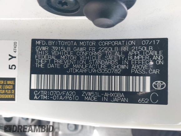 2017 Toyota Prius Two with VIN JTDKARFU9H3050782, listed as a IAAI auction lot 41988295 with 103,009 mi miles and . Bid and sale history available at DreamBid. Image 9.