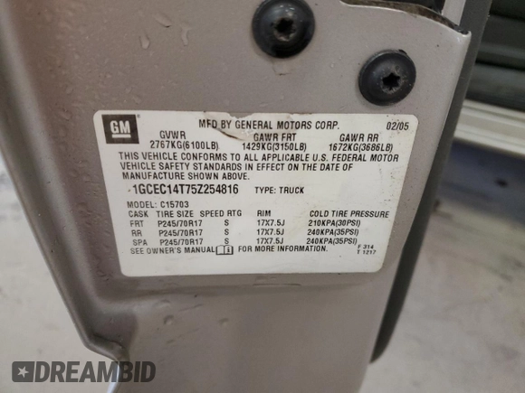 2005 Chevrolet Silverado 1500 LS with VIN 1GCEC14T75Z254816, listed as a Copart auction lot 45102935 with 124,541 mi miles and Salvage title. Bid and sale history available at DreamBid. Image 14.