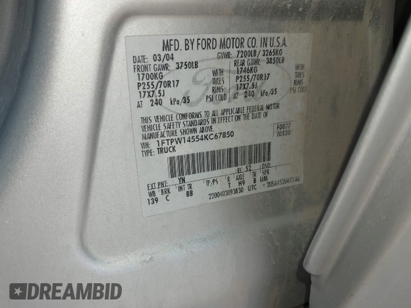 2004 Ford F-150 XLT with VIN 1FTPW14554KC67850, listed as a IAAI auction lot 42391663 with 231,493 mi miles and . Bid and sale history available at DreamBid. Image 9.