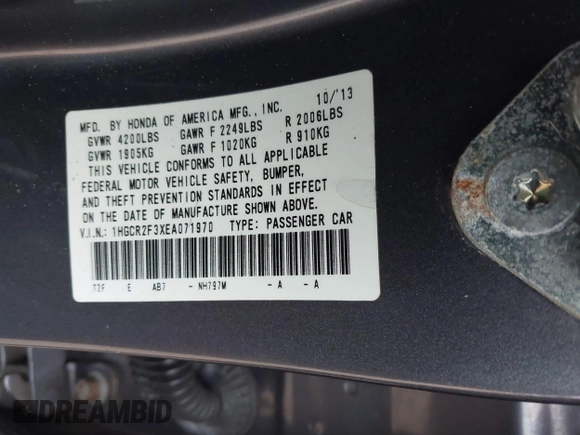 2014 Honda Accord Sedan LX with VIN 1HGCR2F3XEA071970, listed as a IAAI auction lot 41479888 with 136,036 mi miles. Bid and sale history available at carsss.com. Image 9.