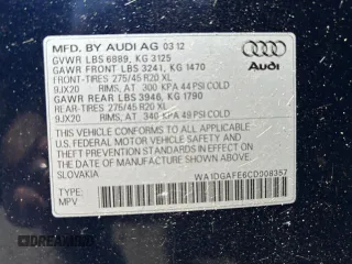2012 Audi Q7 S line with VIN WA1DGAFE6CD008357, listed as a Copart auction lot 60036955 with 98,599 mi miles and Clean title. Bid and sale history available at DreamBid. Image 10.
