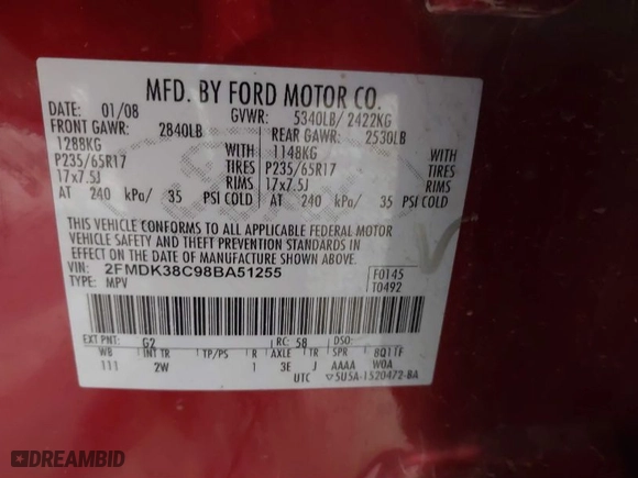 2008 Ford Edge SEL with VIN 2FMDK38C98BA51255, listed as a IAAI auction lot 41528853 with NaN miles. Bid and sale history available at carsss.com. Image 9.