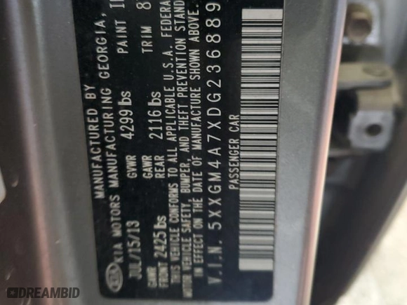 2013 Kia Optima LX with VIN 5XXGM4A7XDG236889, listed as a Copart auction lot 50734625 with 167,716 mi miles and Salvage Title. Bid and sale history available at carsss.com. Image 12.