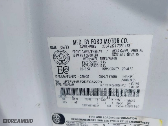 2013 Ford F-150 XL with VIN 1FTFW1EF2DFC82771, listed as a IAAI auction lot 41401152 with 150,624 mi miles. Bid and sale history available at carsss.com. Image 9.