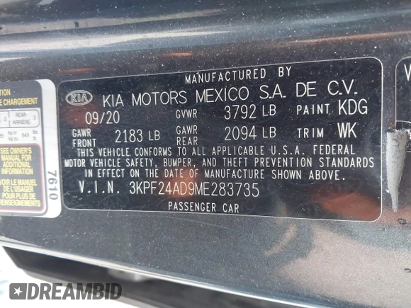 2021 Kia Forte LXS с VIN 3KPF24AD9ME283735, выставлен на аукционе IAAI как лот 42220005 с пробегом 97 694 миль миль и . История ставок и продаж доступна на DreamBid. Изображение 9.