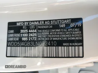 2020 Mercedes-Benz CLA 250 with VIN WDD5J4GB3LN032410, listed as a Copart auction lot 58544725 with 48,037 mi miles and Salvage title. Bid and sale history available at DreamBid. Image 13.