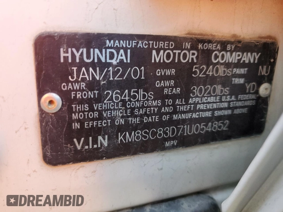 2001 Hyundai Santa Fe GLS with VIN KM8SC83D71U054852, listed as a Copart auction lot 78704454 with 100,591 mi miles and Salvage Title. Bid and sale history available at carsss.com. Image 15.